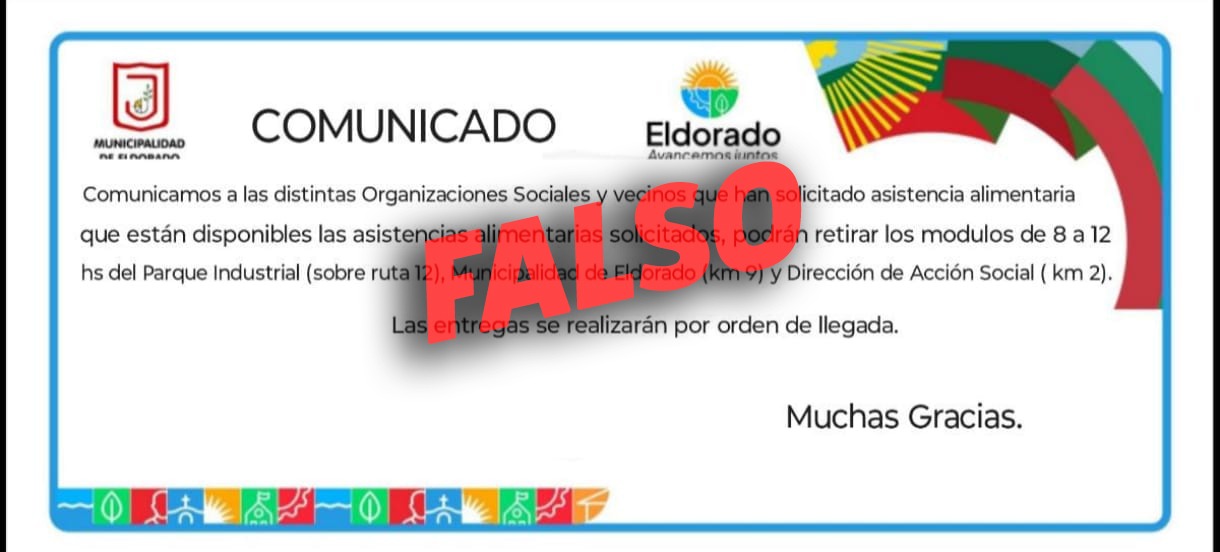 Desmienten falsa convocatoria a entrega de módulos alimentarios en Eldorado